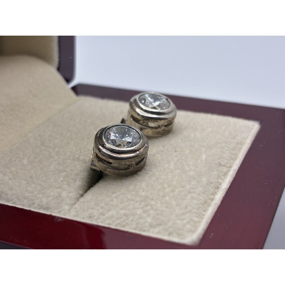 Round Bezel CZ Sterling Silver Stud Earrings Signed 820 CZ 925 C.I.